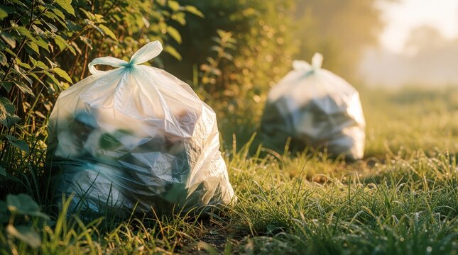 Two garbage bags sit in green grass at sunrise. They are filled with refuse and left in a natural outdoor setting. This scene suggests neglect or awaiting disposal.