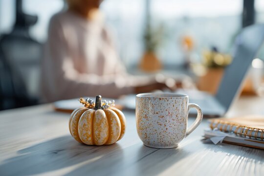 Cozy Autumn Workspace with Pumpkin, Coffee Mug, and Laptop