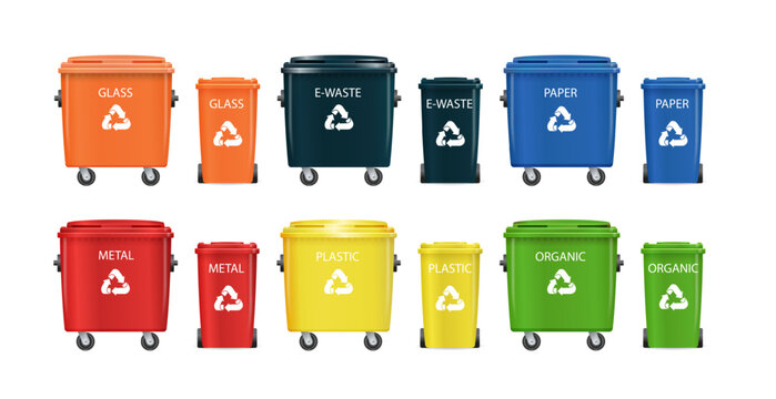 Green recycling bins for paper, plastic, and glass waste sorting. Eco-friendly trash containers vector illustration set for environmental management and garbage collection. Vector illustration