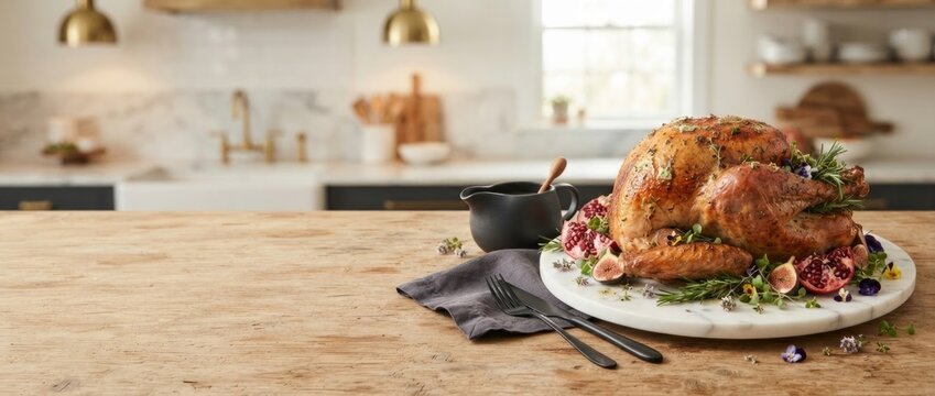 Roasted turkey with pomegranate and figs on marble platter on wooden table in kitchen. Thanksgiving dinner and holiday feast concept with copy space. Festive food photography.