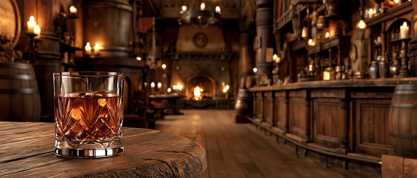 Whiskey glass on rustic wooden table inside cozy medieval tavern