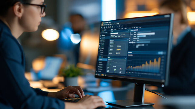 over-the-shoulder view of a cybersecurity specialist reviewing a network security alert dashboard on a bright office screen, clean organized workstation, data protection concept,