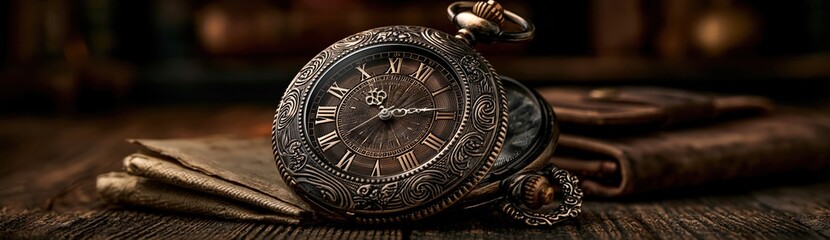Fototapeta premium Antique pocket watch on wooden table with vintage style and moody light