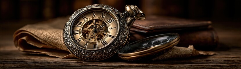 Fototapeta premium Antique pocket watch with roman numerals on dark vintage background
