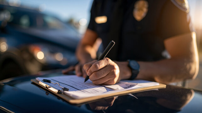 cropped view of a police officer's hand writing a ticket on a clipboard during a bright daytime traffic stop, clean asphalt highway, clear sunny sky, checkpoint concept, road