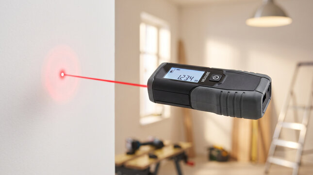 Laser tape measure displaying measurement on wall in modern workspace  