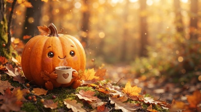 Cute pumpkin character with smiling face holding cup of hot coffee in autumn forest with fallen leaves. Cozy fall season and Thanksgiving greeting card concept. Adorable mascot.