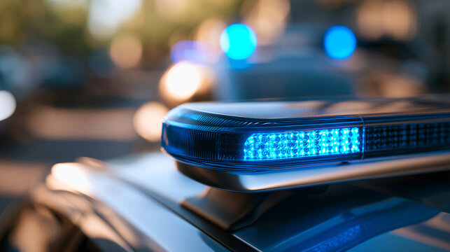 close up of blue light bar on a patrol car parked at a roadside incident scene during bright daylight, clean street background softly defocused, emergency vehicle equipment, road