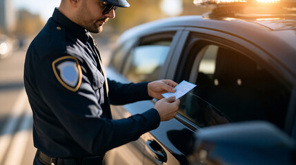 Obraz premium over-the-shoulder view of a police officer handing a fine ticket through a car window on a bright sunny road, professional uniform, clean asphalt highway, registration check