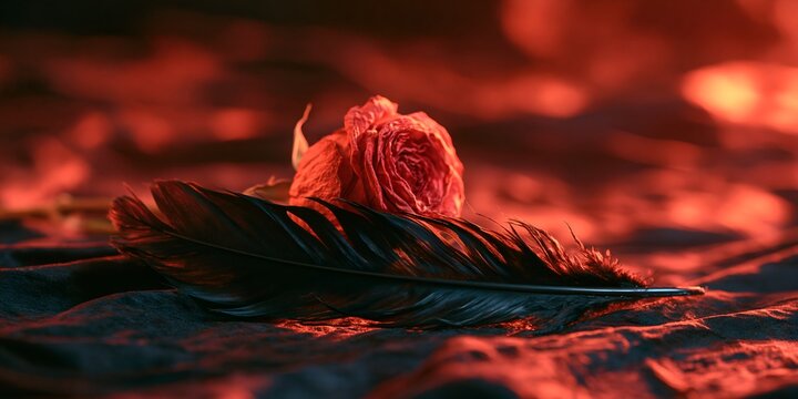 Red feather rests beside a wilted rose.