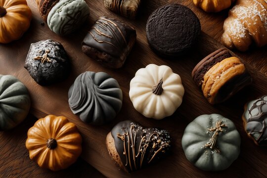 Delicious Autumn Desserts and Decorative Pumpkins Flat Lay