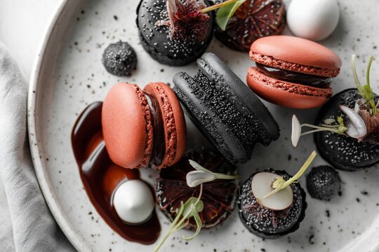 Elegant Black and Terracotta Macarons Dessert Plating