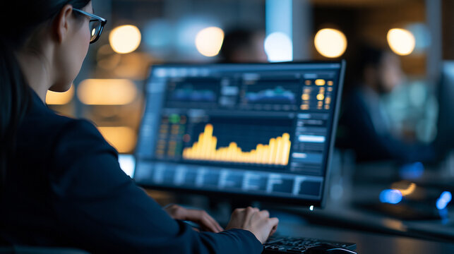 over-the-shoulder view of a banking security analyst monitoring a transaction data dashboard powered by artificial intelligence in a bright modern office, clean glowing screen