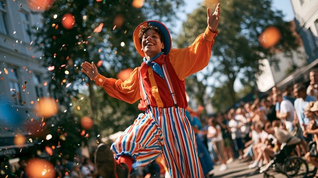 Clown dances joyfully amidst falling confetti.