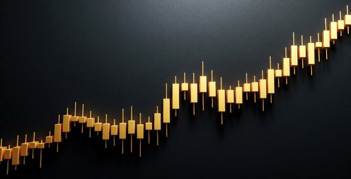 Golden candlestick chart indicates upward trend on dark background. Financial data visualization shows market growth. Trading success and profit forecast.