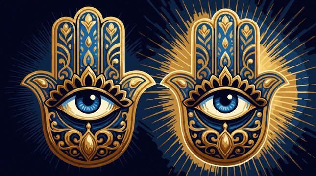 Ornate Hamsa hand with evil eye symbol in blue and gold. Mystical amulet graphic design for protection, spirituality, and good fortune. Ethnic folk art style.