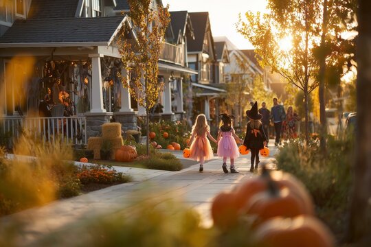 Girls Trick-or-Treating on Halloween at Golden Hour