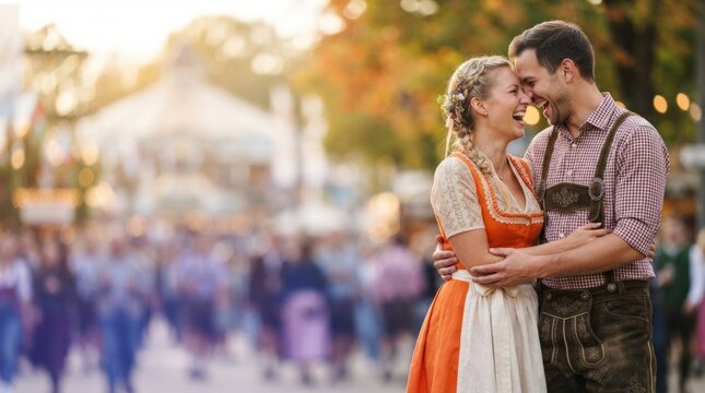 Happy couple in traditional Bavarian clothes hugging at Oktoberfest. Woman in dirndl and man in lederhosen laughing together at festival. German folk costume and autumn holiday.