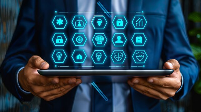 Businessman holding tablet displaying quality management standards icons for business success