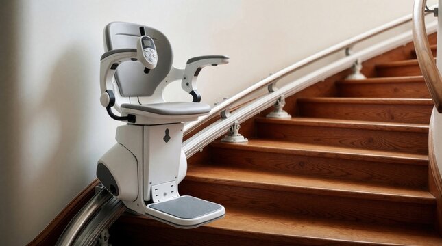 Curved stair lift installed on wooden staircase in modern home. Electric chair lift moves along metal rail for elderly mobility assistance. Professional equipment helps disabled people navigate