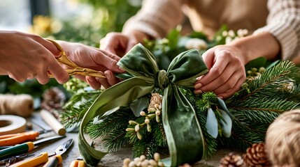 Naklejka premium Close-up of hands crafting a festive holiday wreath with green velvet ribbon, pine branches, and natural decor, showcasing creativity and seasonal warmth.