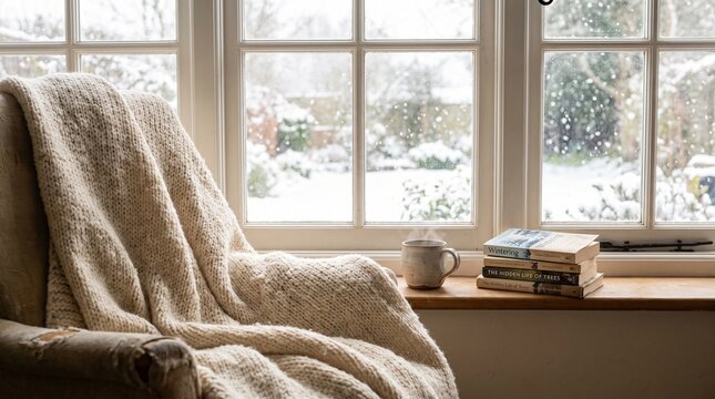 Cozy reading nook with steaming mug and snowy window