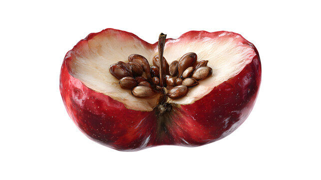 Red apple core with brown seeds isolated on a white background