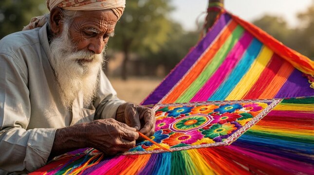 Elderly man with white beard weaves colorful fabric banner outdoors. Skilled artisan works on traditional textile art with intricate floral patterns and vibrant stripes, showing patience and craft.