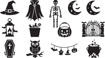 Naklejka premium Set of black Halloween icons on a white background