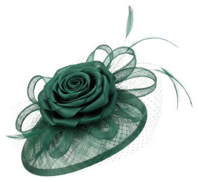 Emerald green women's fascinator hat with intricate mesh netting, sculpted fabric rose, and delicate feathers against a transparent background, showcasing luxurious elegance