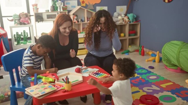 Women caregivers smile and guide boy and little girl stacking wooden blocks, pointing to xylophone and crayons on a small table in bright classroom; joyful learning.