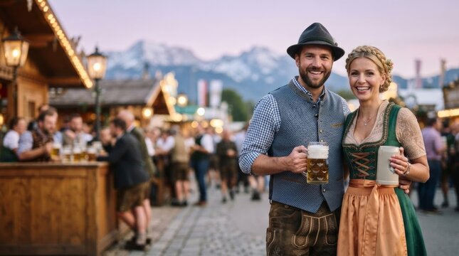 Happy couple in traditional bavarian clothes with beer mugs at Oktoberfest festival. Man in lederhosen and woman in dirndl celebrating german beer holiday in alps mountains