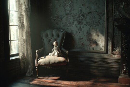 Haunted Mansion Doll in Sunlit Chair - Dark Spooky Room