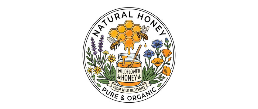 Hand-drawn honey logo with bees and wildflowers