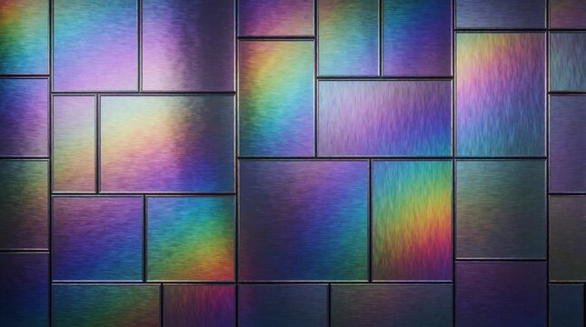 Abstract holographic background with brushed metallic texture. Colorful iridescent geometric rectangles form modern mosaic pattern. Vibrant rainbow spectrum colors shine on steel surface. Sleek