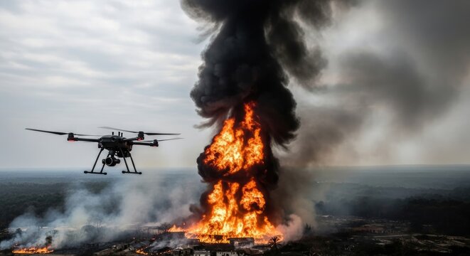 Drone Captures Dramatic Scene of Fire and Smoke Rising into the Sky.