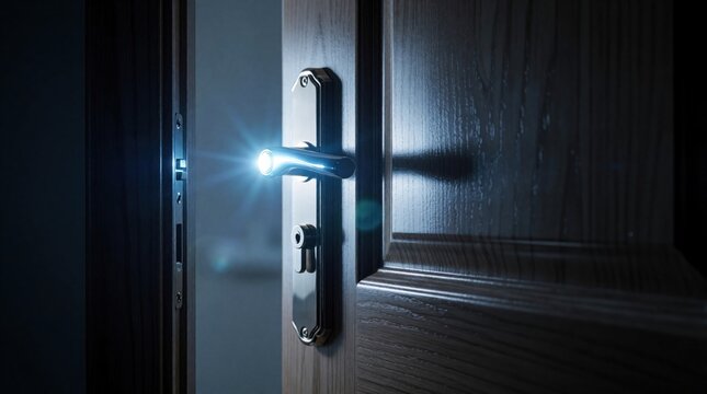 Interior door with illuminated handle and lock slightly open at night. Light beams escape into dark adjacent room. Concept of mystery and discovery.