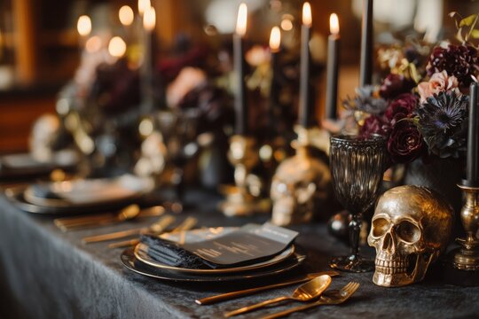 Luxury Gothic Dinner Party Table Setting with Golden Skulls and Dark Flowers