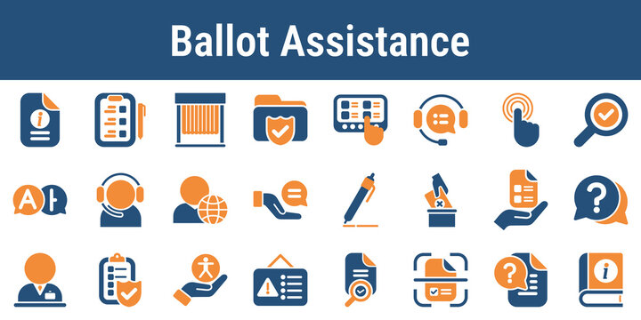 Icons for helping voters understand ballot rules privacy options accessible equipment and assistance requests. Useful for voter education guides polling place signs and staff training graphics