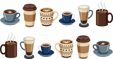 Fototapeta premium Colorful illustrated collection of various coffee cups and mugs.
