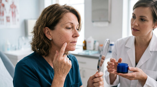 Woman in Lavender Sweater Examining Dry and Flaky Facial Skin Peeling in a Handheld Mirror During a Dermatologist Consultation in a Modern Medical Clinic Office Room with Healthcare Professional
