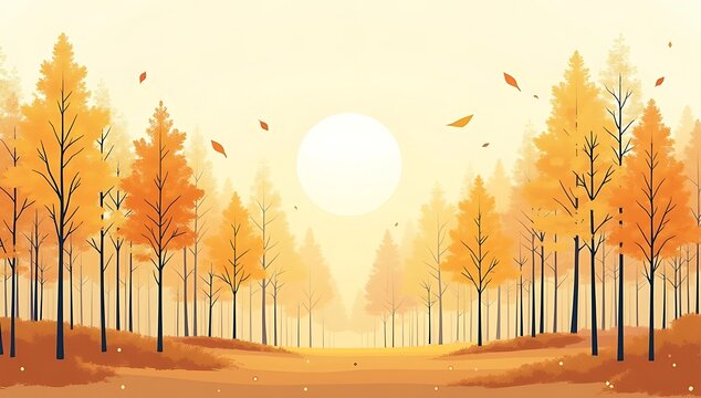 Pixel art autumn forest landscape with bright sun and falling leaves in a yellow orange mood