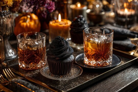 Moody Autumn Dinner Table: Whiskey, Dark Cupcakes & Festive Decor