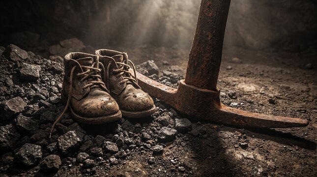Worn leather boots and a rusty mining pickaxe in a dark coal mine