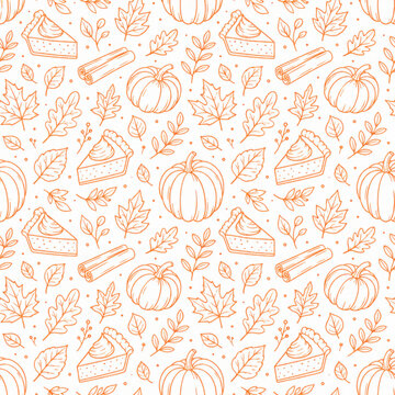 Thanksgiving Vector Background. Autumn Harvest Symbols Seamless Pattern. Hand Drawn Doodle Pumpkin Pie, Vegetables, Different Varieties of Pumpkins, Spices, Leaves.