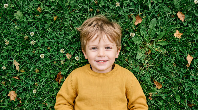 Happy young boy lying on green grass with small white flowers and fallen leaves
