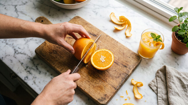 Person slicing an orange on a wooden cutting board next to a glass of orange juice