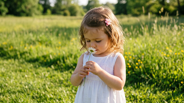 Young girl smelling a daisy in a sunny meadow