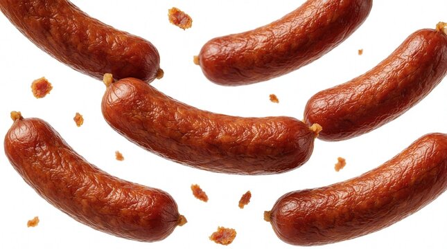 Group of smoked sausages flying in air on white background. Many delicious pork bratwurst pieces falling with small meat bits. Tasty meat product collection for food menu design, BBQ party, grocery