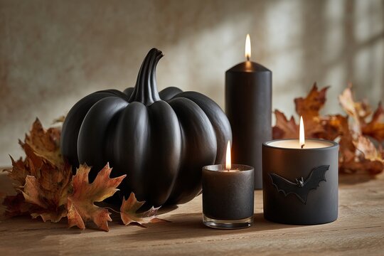 Spooky Chic: Black Pumpkin, Bat Candle & Autumn Leaves for Halloween